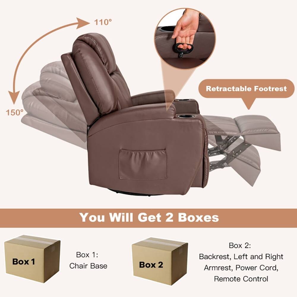 110° Retractable Footrest  
150°  

You Will Get 2 Boxes  
Box 1: Chair Base  
Box 2: Backrest, Left and Right Armrest, Power Cord, Remote Control