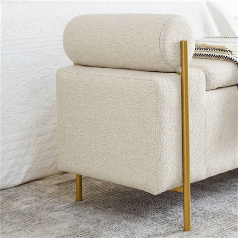 Alt View 4. HTUTWOO - Linen Storage Ottoman Bench for Living Room Bedroom - Elegant Upholstered Bench with Cylindrical Arms and Iron Legs - Beige.