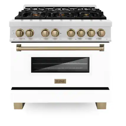 Front. ZLINE - ZLINE Autograph 36 in. Legacy Dual Fuel Range in Satin Steel w/ White & Bronze Accents (RASZ-WM-36-CB) - Stainless steel.