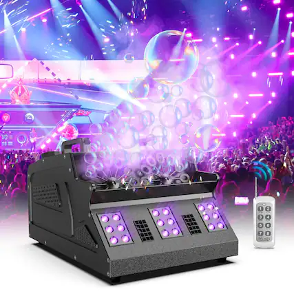 Front. UKing - 1500W Stage Bubble Fog Machine with 18 RGB 3 IN 1 DMX Stage Light with Remote Control for DJ Halloween Party Wedding.