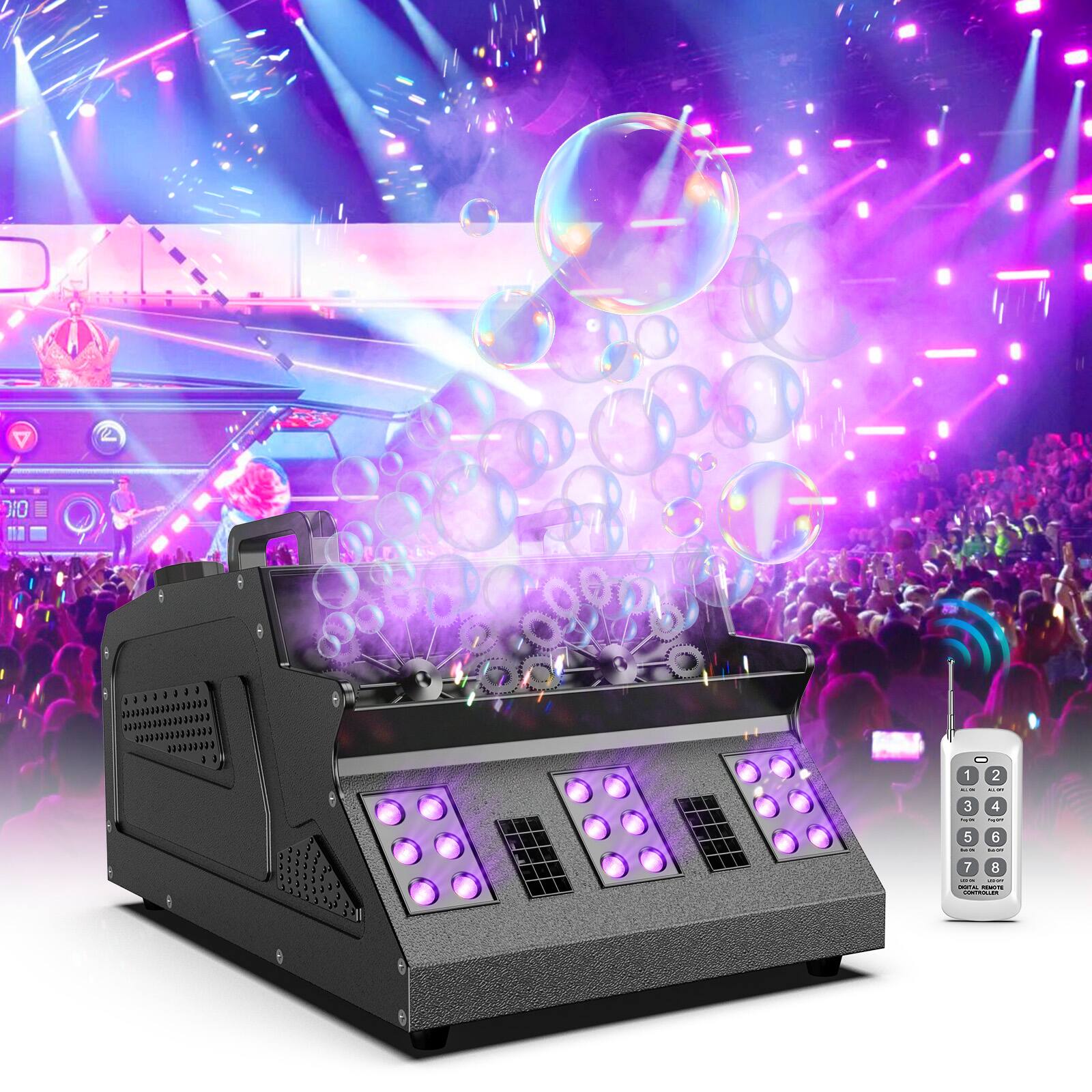 Front. UKing - 1500W Stage Bubble Fog Machine with 18 RGB 3 IN 1 DMX Stage Light with Remote Control for DJ Halloween Party Wedding.
