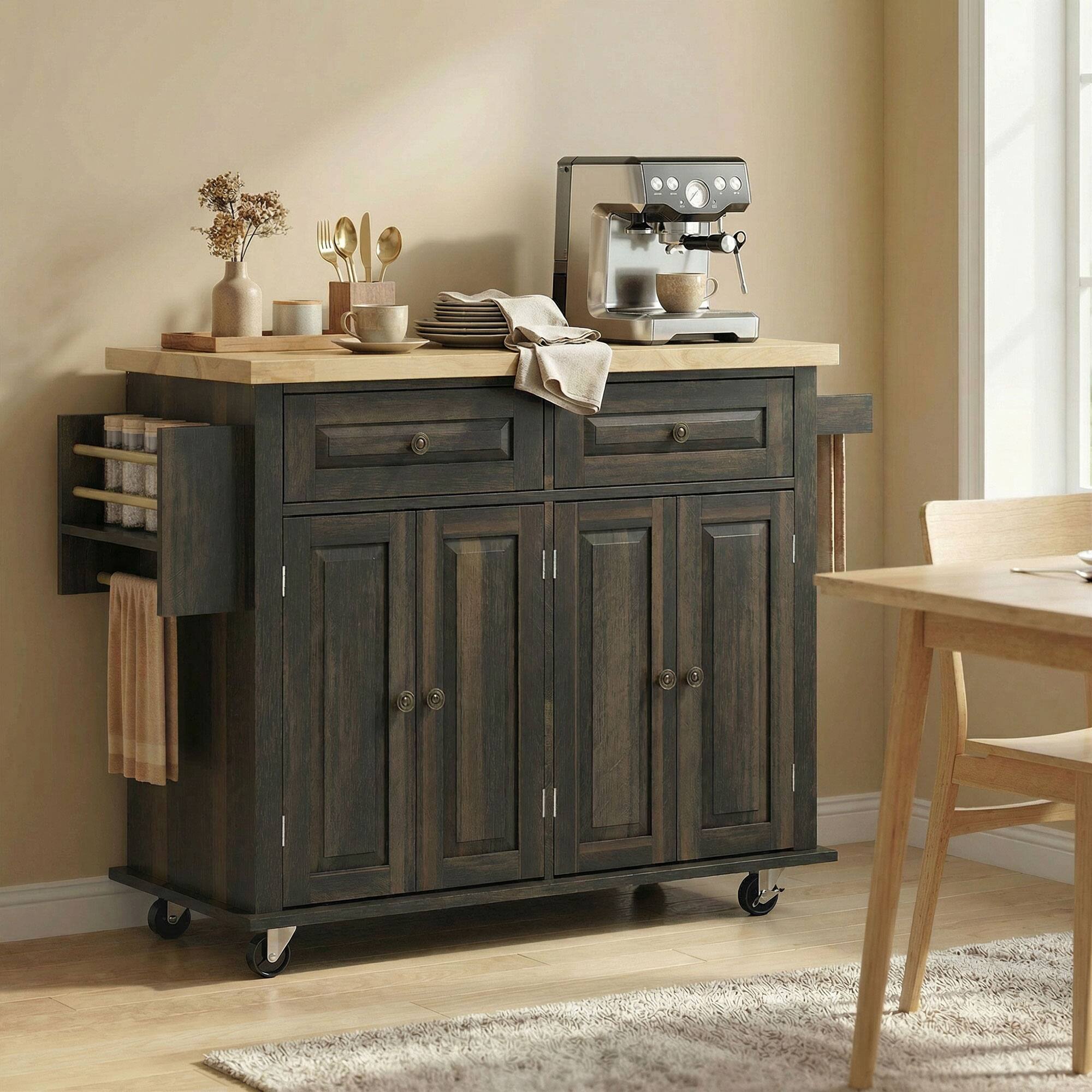 Alt View 8. Homcom - Mobile Kitchen Island Table, Kitchen Island Cart on Wheels with Storage Cabinets - Brown Oak.