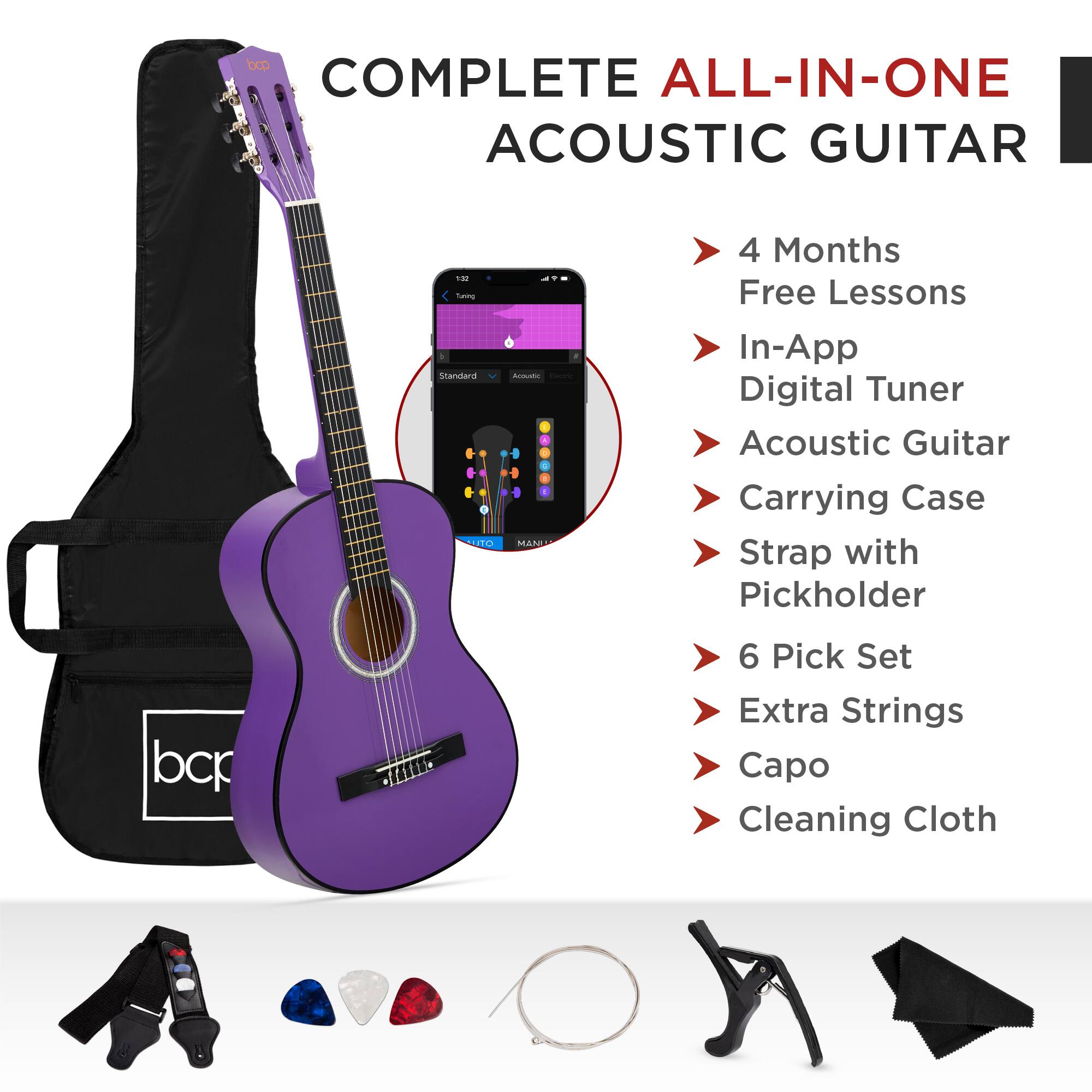 COMPLETE ALL-IN-ONE ACOUSTIC GUITAR

- 4 Months Free Lessons
- In-App Digital Tuner
- Acoustic Guitar
- Carrying Case
- Strap with Pickholder
- 6 Pick Set
- Extra Strings
- Capo
- Cleaning Cloth
