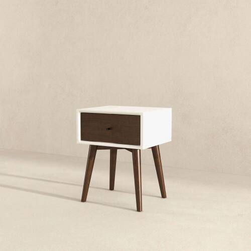 Alt View 4. LUCKY ONE - 22.5" Assembled Mid Century Nightstand 1-Drawer Solid Wood - Dark Brown,White.
