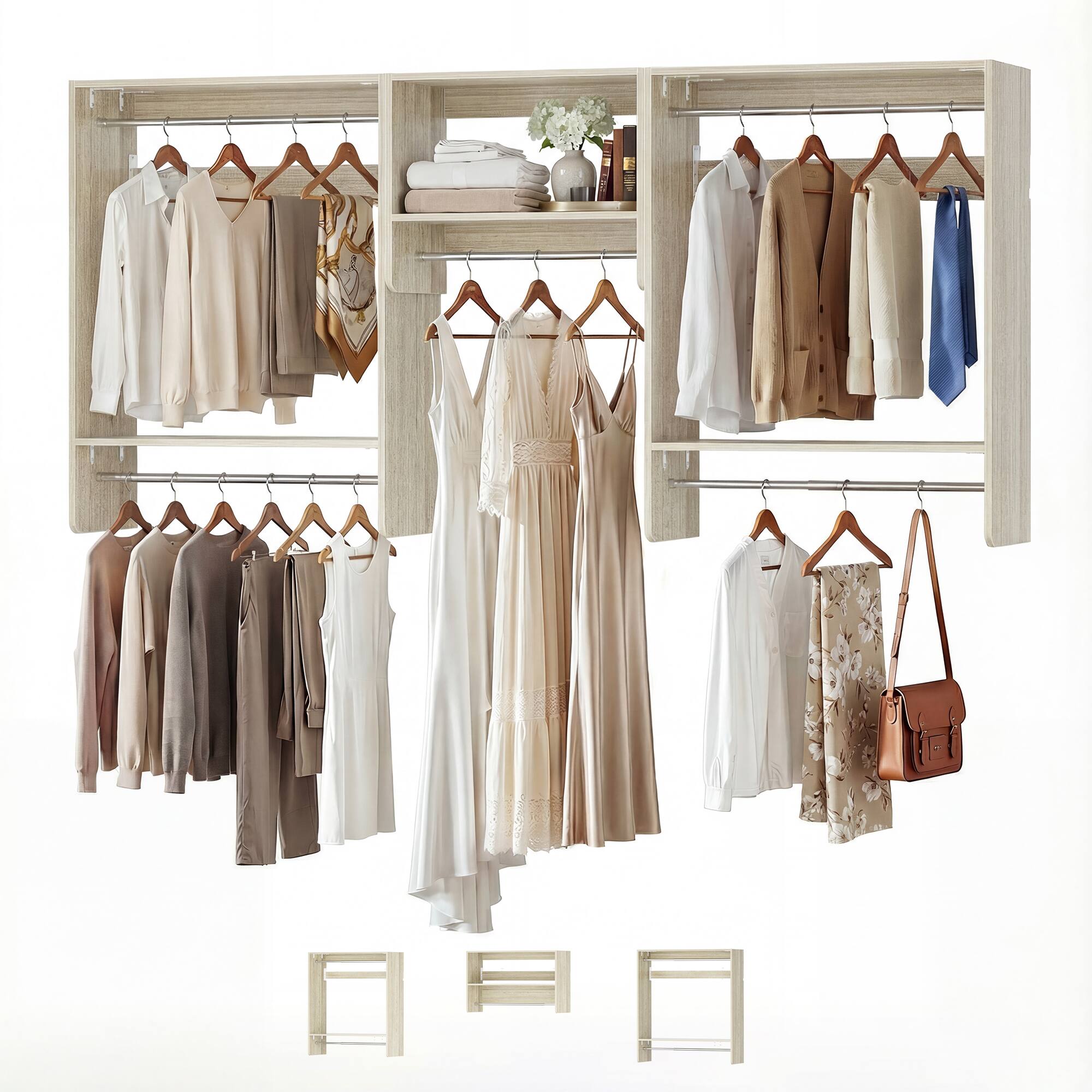 Alt View 1. Aheaplus - 36'' - 96'' Wall Mounted Closet System with 5 Hanging Rods and 4 Shelves, Max Load 12000 LBS - Beige Oak.