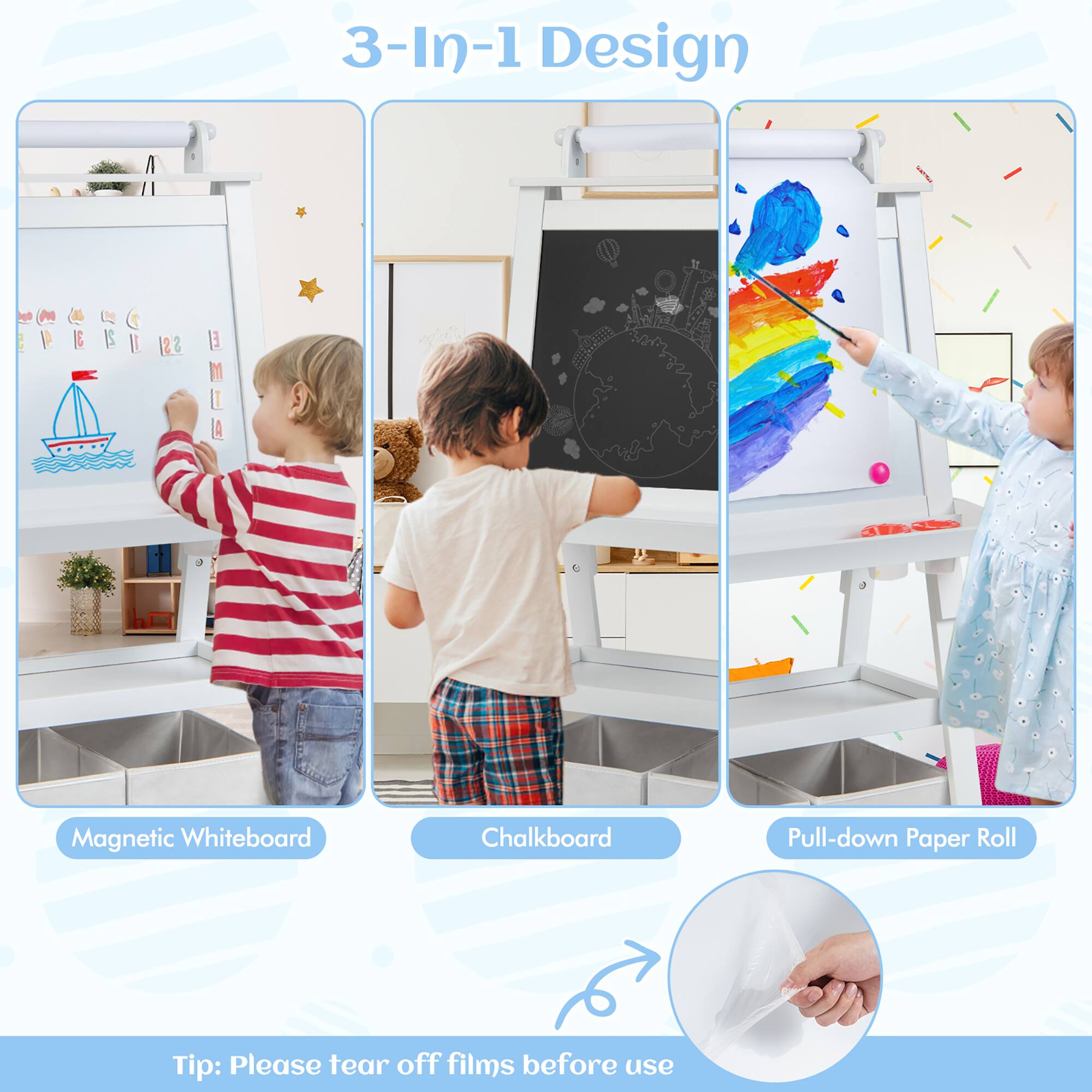 3-In-1 Design

- Magnetic Whiteboard
- Chalkboard
- Pull-down Paper Roll

Tip: Please tear off films before use