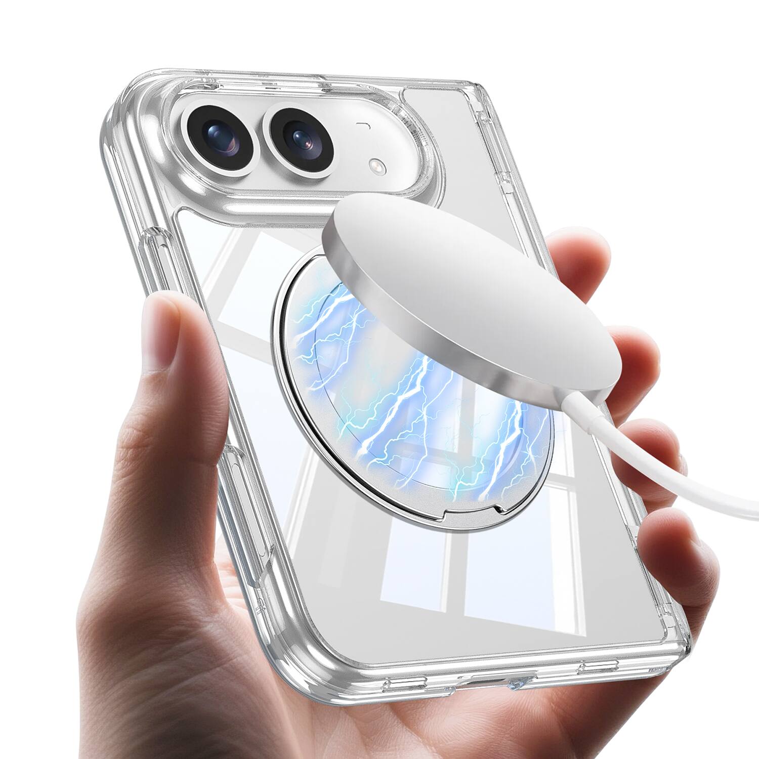 Angle. Dteck - for iPhone Duo Clear Case with Magnetic Rotatable Ring Kickstand, Hinge Protection with Built-in Screen Cover - Clear.