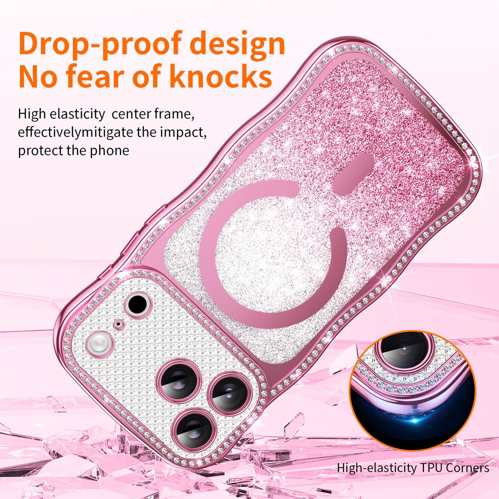 Drop-proof design  
No fear of knocks  

High elasticity center frame, effectively mitigate the impact, protect the phone  

High-elasticity TPU Corners