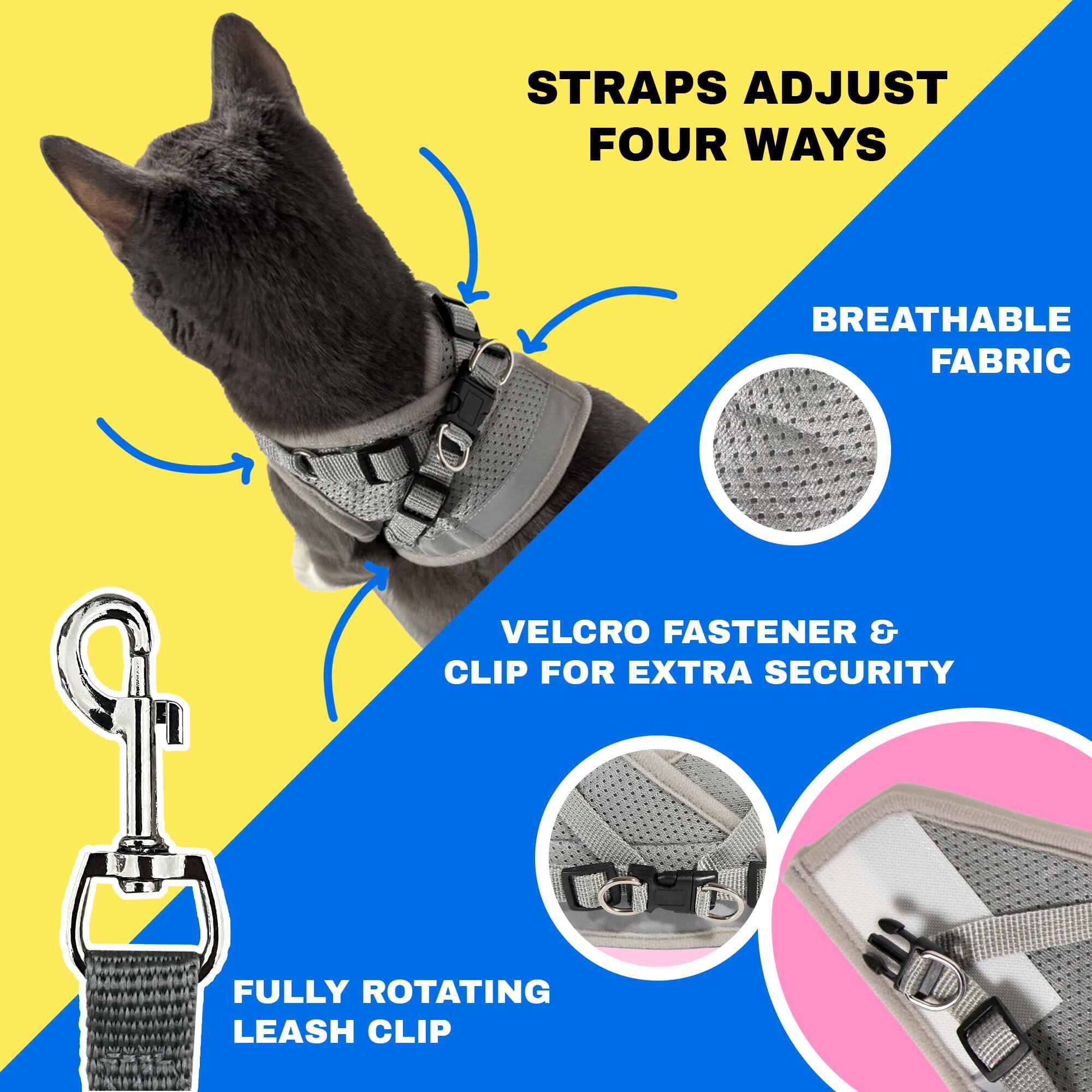 - Straps adjust four ways
- Breathable fabric
- Velcro fastener & clip for extra security
- Fully rotating leash clip