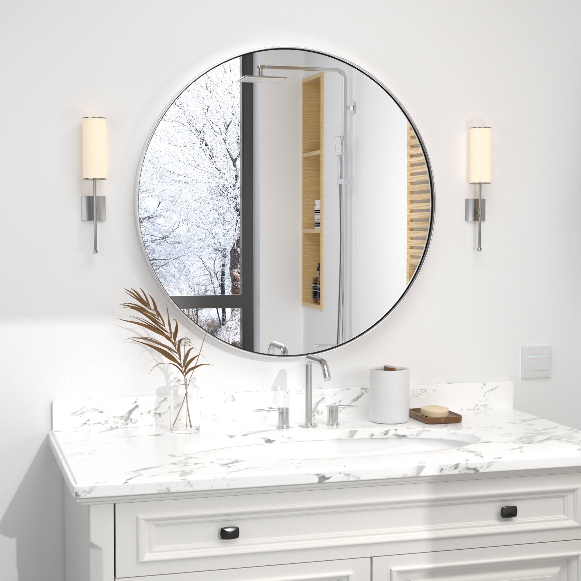 Angle. PAIHOME - 36 Inch Round Bathroom Mirror with Brushed Stainless Steel Frame, Modern Wall Mirror for Entryway & Living Room - Silver.