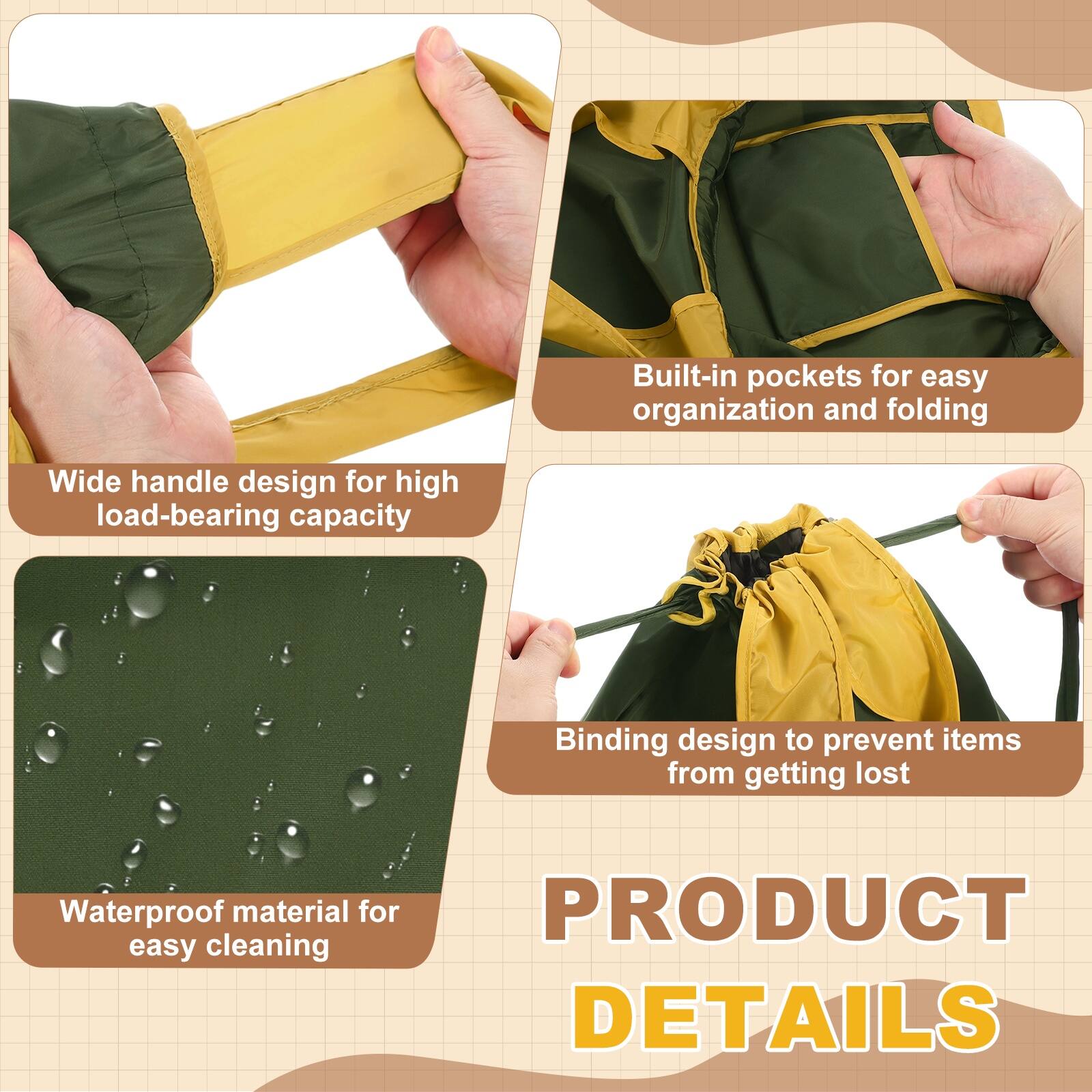 - Built-in pockets for easy organization and folding
- Wide handle design for high load-bearing capacity
- Binding design to prevent items from getting lost
- Waterproof material for easy cleaning
- PRODUCT DETAILS