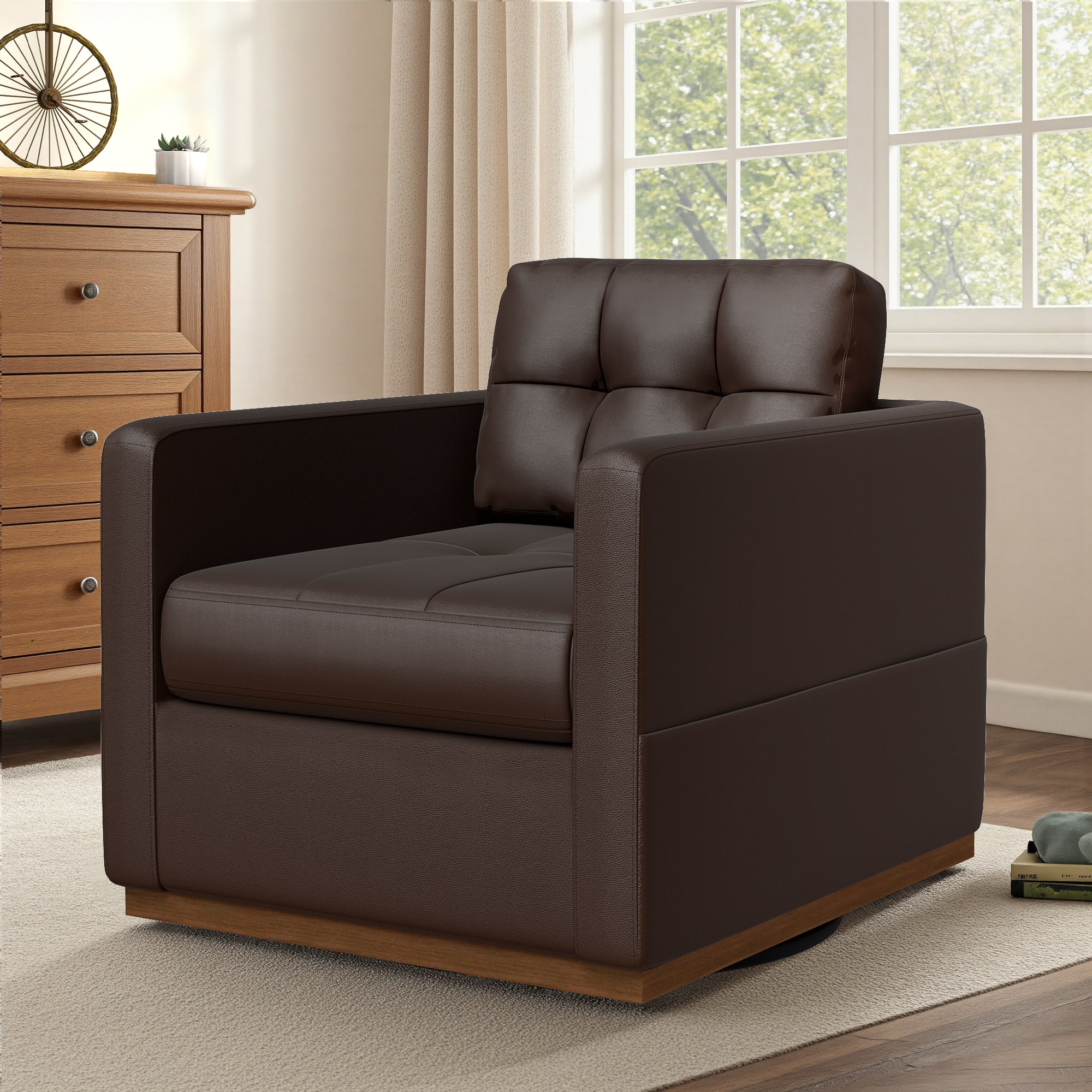 Brick Attic - 34.3″Wide Waterproof Leather Swivel Armchair, Ergonomic Solid Wood Base 360° Rotation Lounge Chair - Coffee