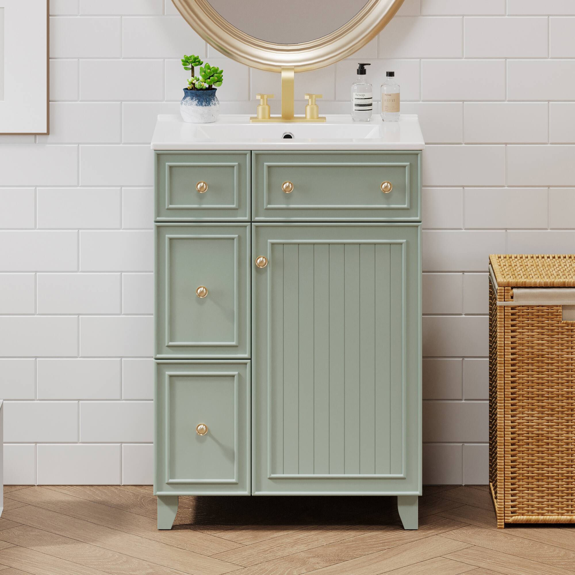 Left. ELEMENT ACE - Compact 24-Inch Bathroom Vanity Cabinet with Ceramic Sink and Ample Storage Space - Green.