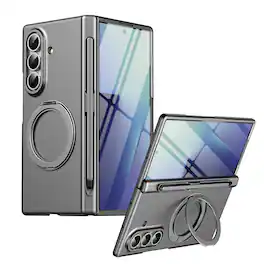 Dteck - for Samsung Galaxy Z Fold7 Matte Hard PC Case,Shockproof Hinge Cover with Ring Stand+Stylus Bulit in Tempered Glass Film - Gray