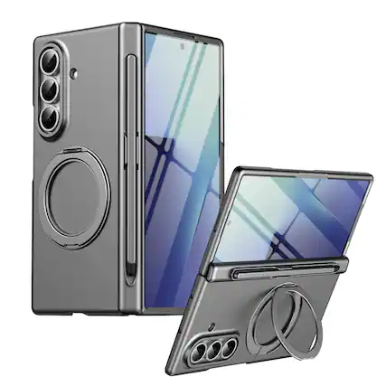 Front. Dteck - for Samsung Galaxy Z Fold7 Matte Hard PC Case,Shockproof Hinge Cover with Ring Stand+Stylus Bulit in Tempered Glass Film - Gray.