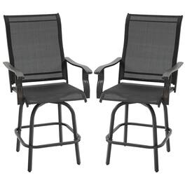 Resenkos - 2 Outdoor Swivel Bar Stools Set, Armrests, Bar Height Patio Chairs, Steel, Sling Fabric - Black