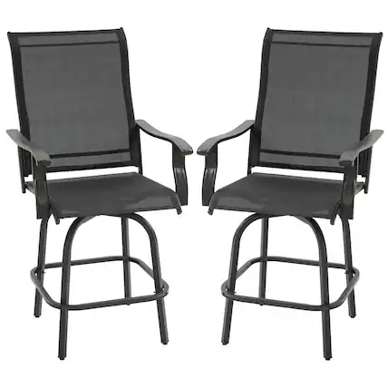 Front. Resenkos - Resenkos 2 Outdoor Swivel Bar Stools Set, Armrests, Bar Height Patio Chairs, Steel, Sling Fabric, Black - Black.