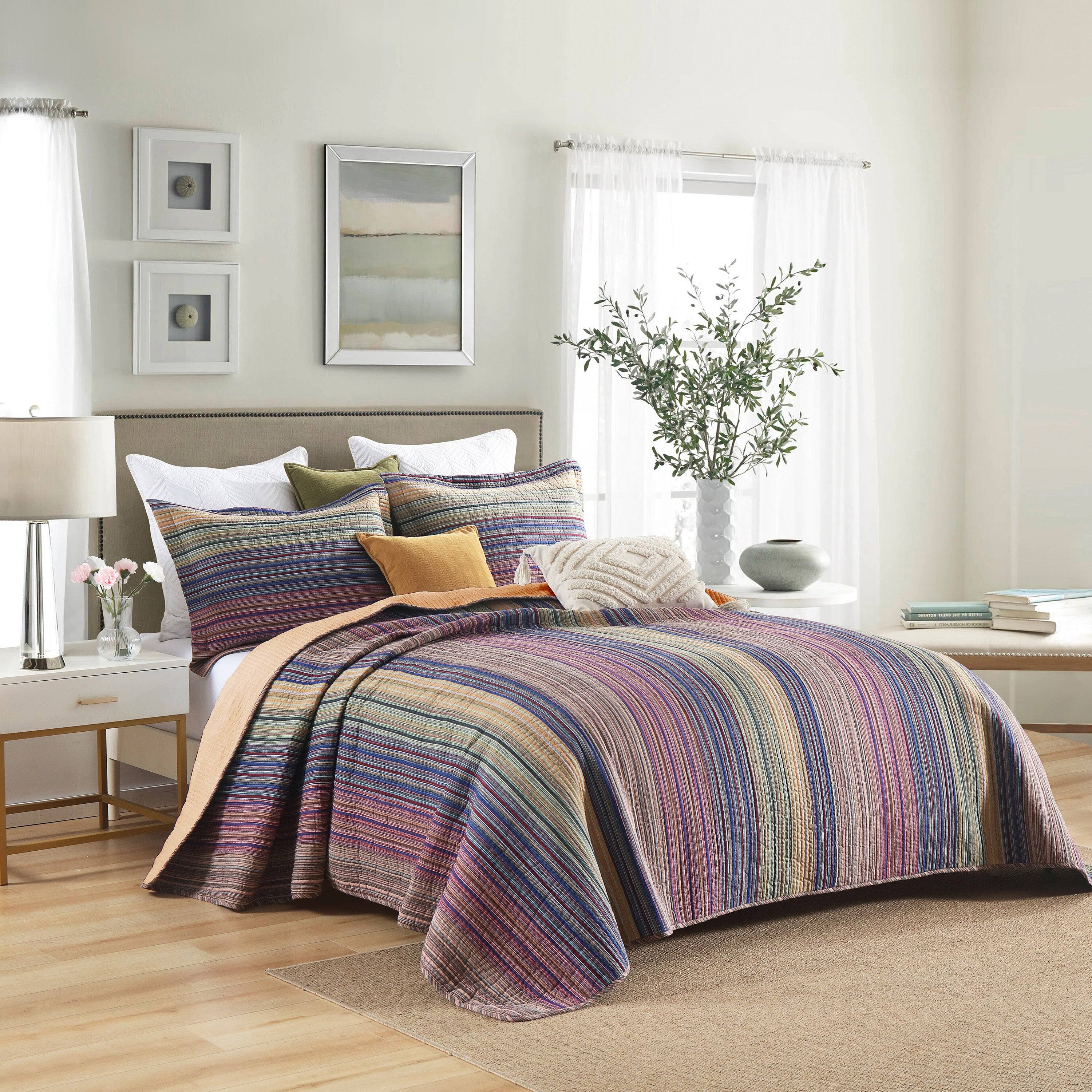 Angle. MarCielo - Marcielo 3Pcs 100% Cotton Striped Quilt Bedspread Set Reversible Bedding - Purple.