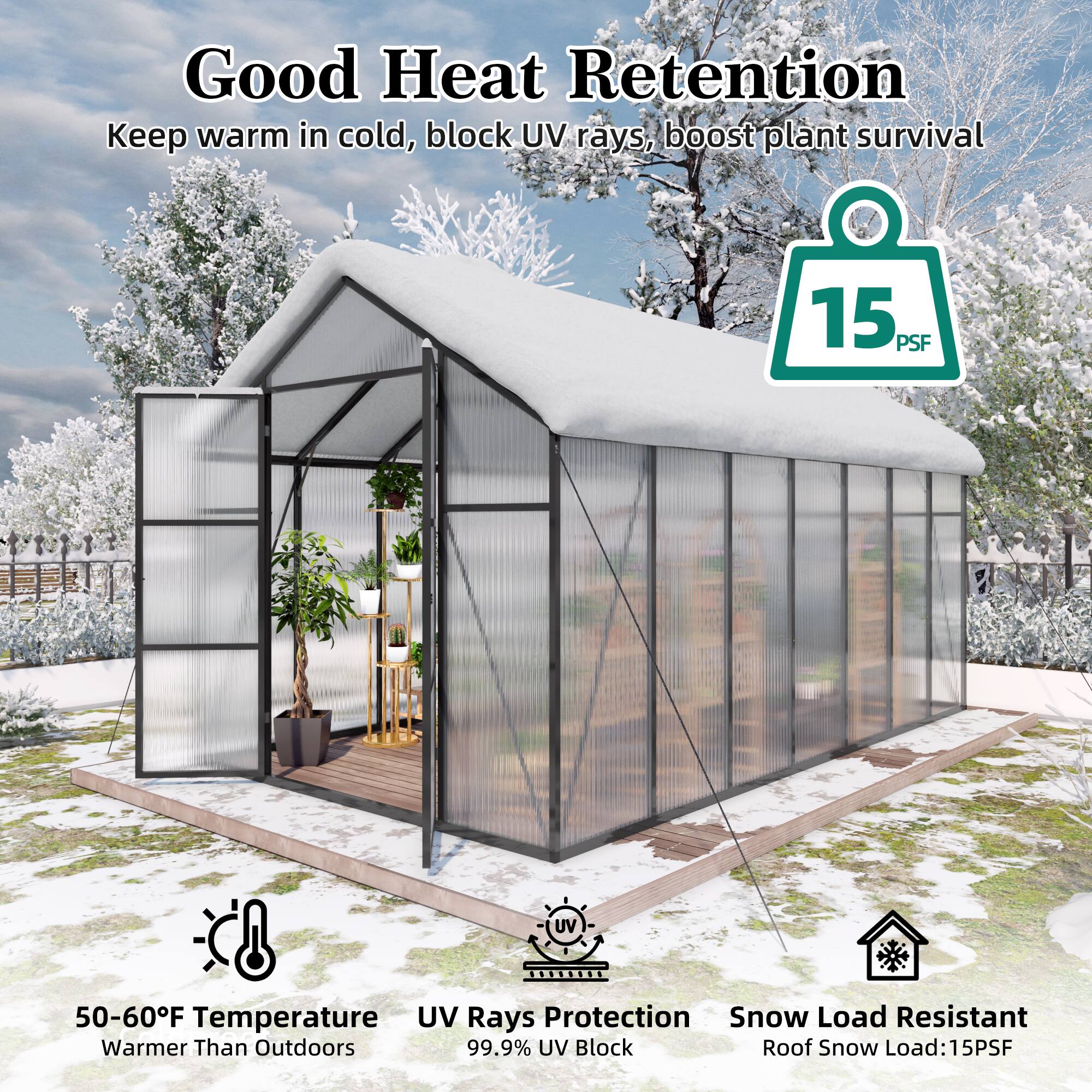 Good Heat Retention  
Keep warm in cold, block UV rays, boost plant survival  

15 PSF  

50-60°F Temperature  
Warmer Than Outdoors  

UV Rays Protection  
99.9% UV Block  

Snow Load Resistant  
Roof Snow Load: 15 PSF