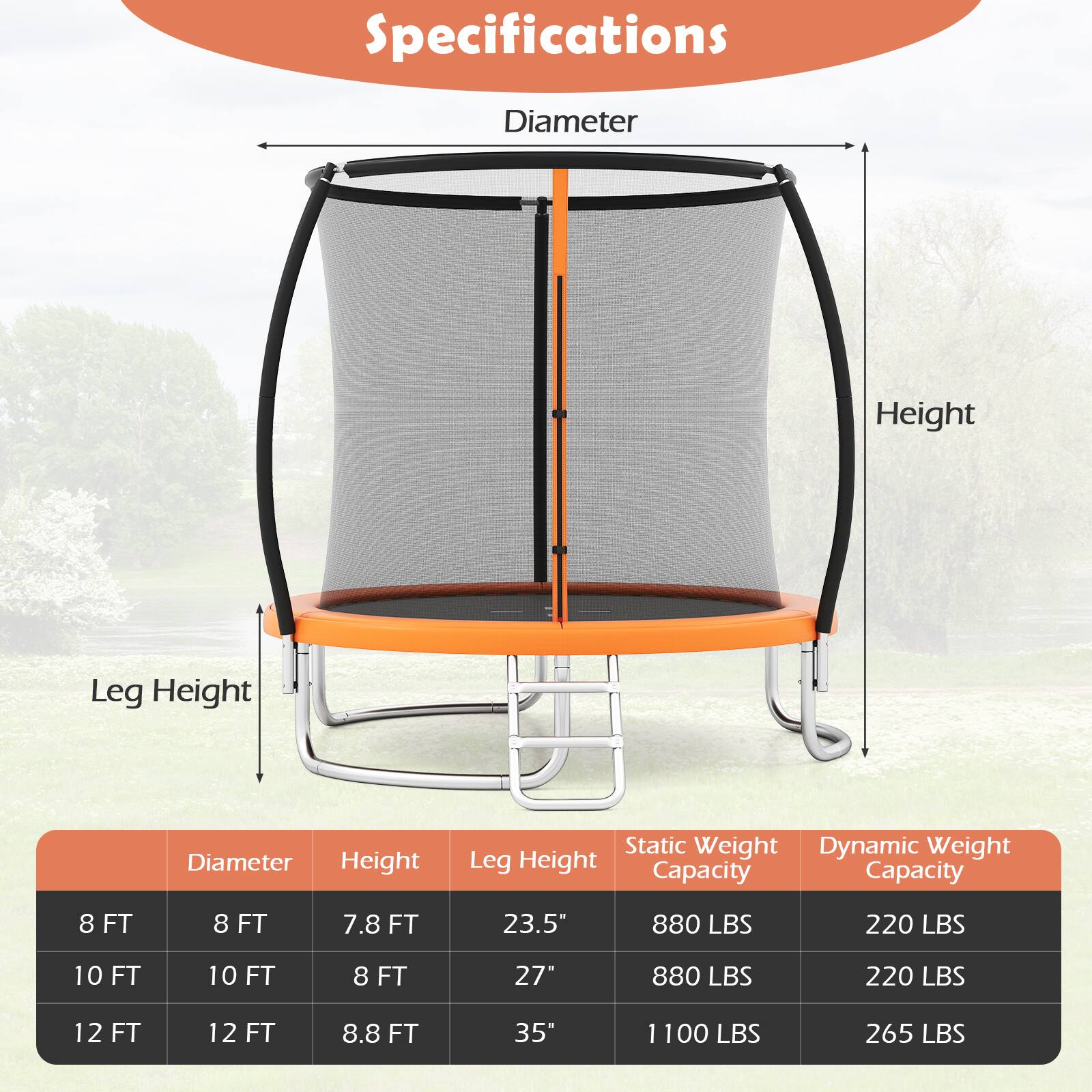 Specifications

- Diameter
- Height
- Leg Height
- Static Weight Capacity
- Dynamic Weight Capacity

8 FT  
- Diameter: 8 FT  
- Height: 8 FT  
- Leg Height: 7.8 FT  
- Static Weight Capacity: 880 LBS  
- Dynamic Weight Capacity: 220 LBS  

10 FT  
- Diameter: 10 FT  
- Height: 10 FT  
- Leg Height: 8 FT  
- Static Weight Capacity: 880 LBS  
- Dynamic Weight Capacity: 220 LBS  

12 FT  
- Diameter: 12 FT  
- Height: 12 FT  
- Leg Height: 8.8 FT  
- Static Weight Capacity: 1100 LBS  
- Dynamic Weight Capacity: 265 LBS