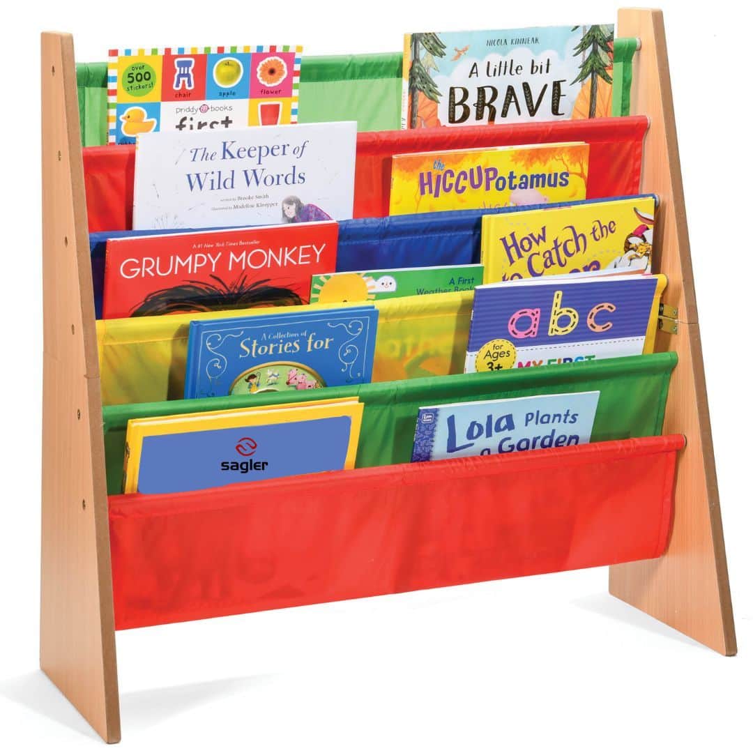 Home It - Toddler Book Shelf Organizer - Wooden Kids Bookcase Storage & Magazine Rack with 5 Multicolored Fabric Pockets - Multicolor