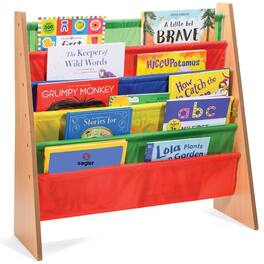 Home It - Toddler Book Shelf Organizer - Wooden Kids Bookcase Storage & Magazine Rack with 5 Multicolored Fabric Pockets - Multicolor