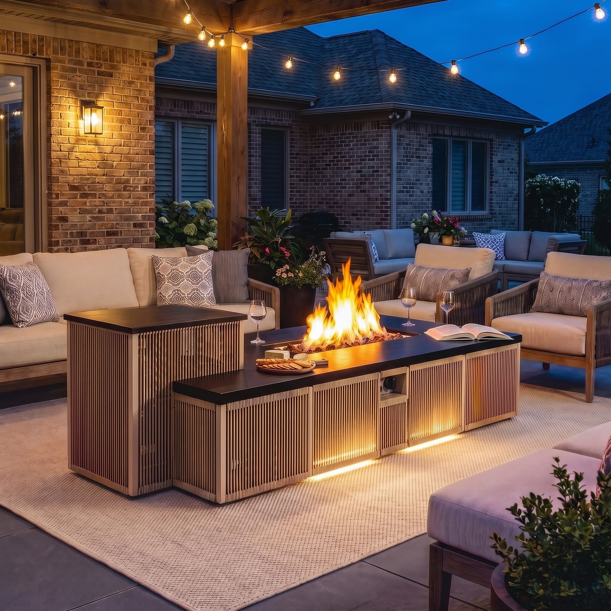 Front. Famapy - 50,000 BTU Outdoor Propane Gas Fire Pit Table with Hidden Tank Storage, LED Lighting, Lid and Cover - Light Teak & Matte Black.