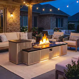 Famapy - 50,000 BTU Outdoor Propane Gas Fire Pit Table with Hidden Tank Storage, LED Lighting, Lid and Cover - Light Teak & Matte Black