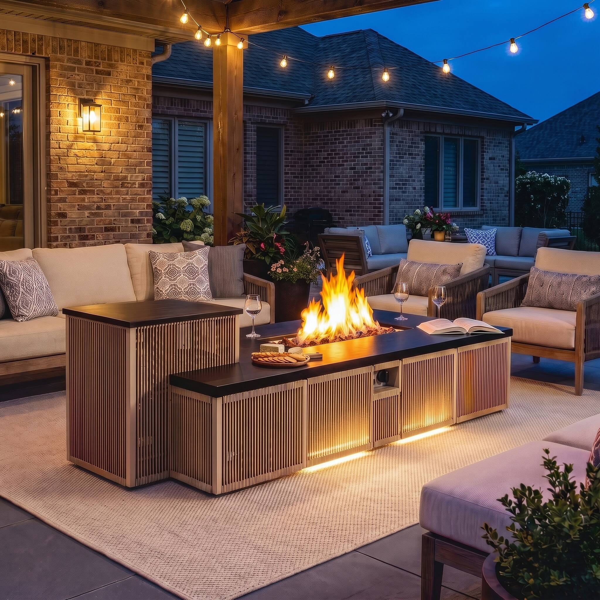 Front. Famapy - 50,000 BTU Outdoor Propane Gas Fire Pit Table with Hidden Tank Storage, LED Lighting, Lid and Cover - Light Teak & Matte Black.