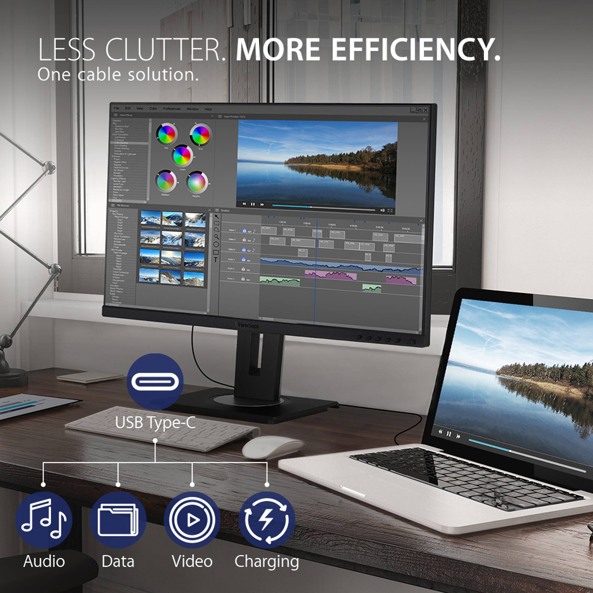 LESS CLUTTER. MORE EFFICIENCY. One cable solution. USB Type-C Audio Data Video Charging.