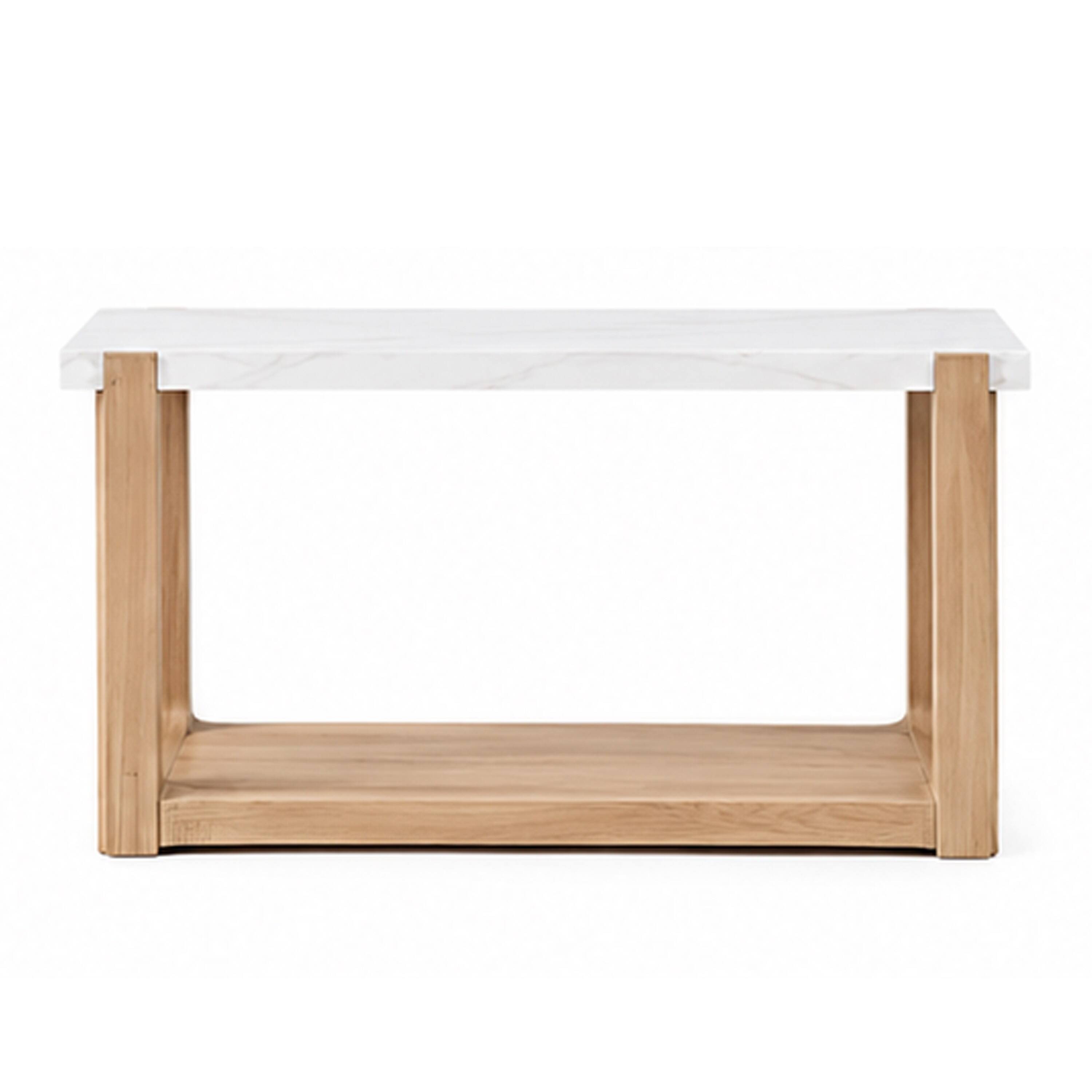 Angle. Manhattan Lane - Sane Sofa Console Table, 50 Inch  Faux Marble Top with Shelf, - White, Natural Brown.