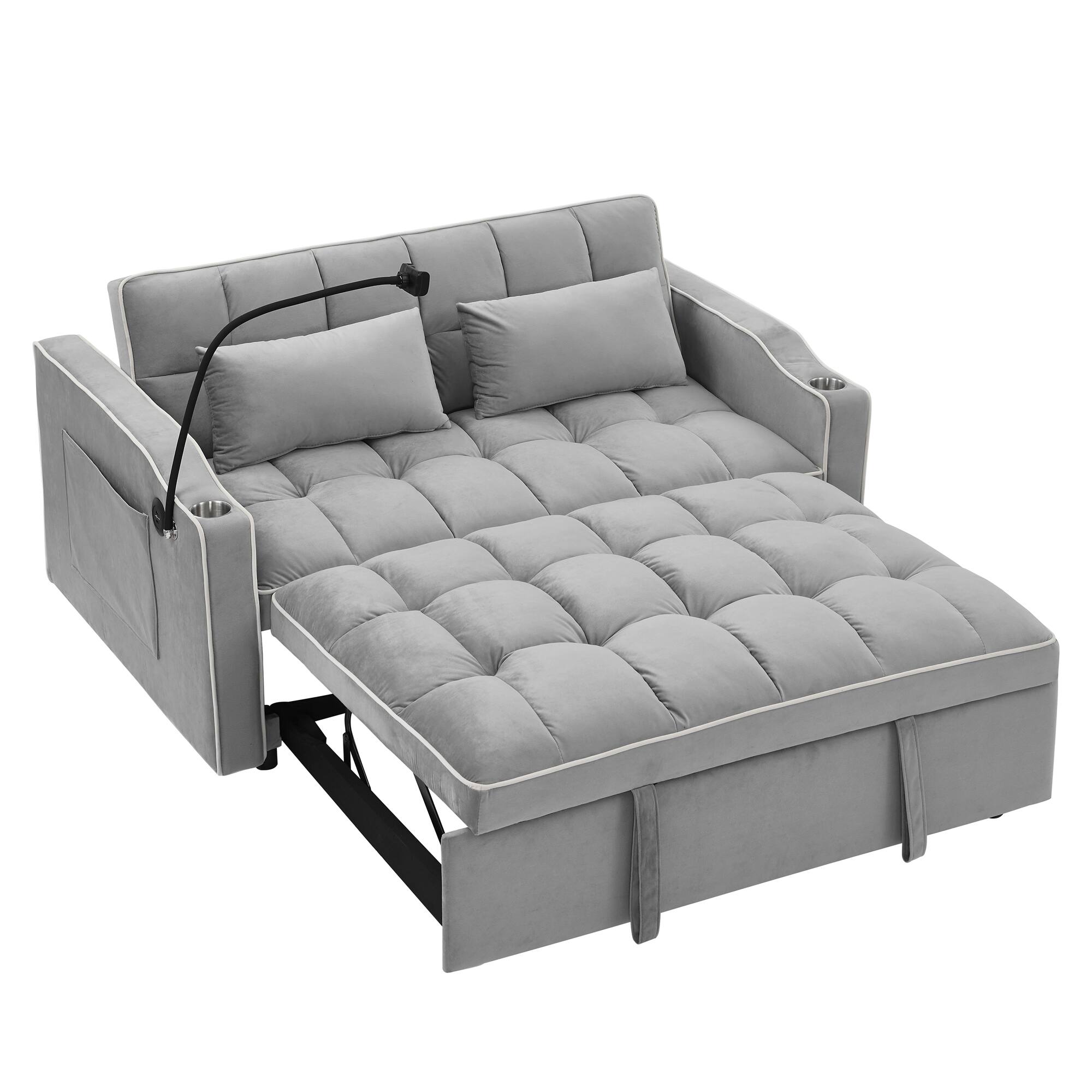 Alt View 6. Tiramisubest - Modern Velvet Versatile Foldable Sofa Bed in 3 Lengths,Adjustable Back w/ USB Port,Ashtray & Swivel Phone Stand (Grey) - Grey.