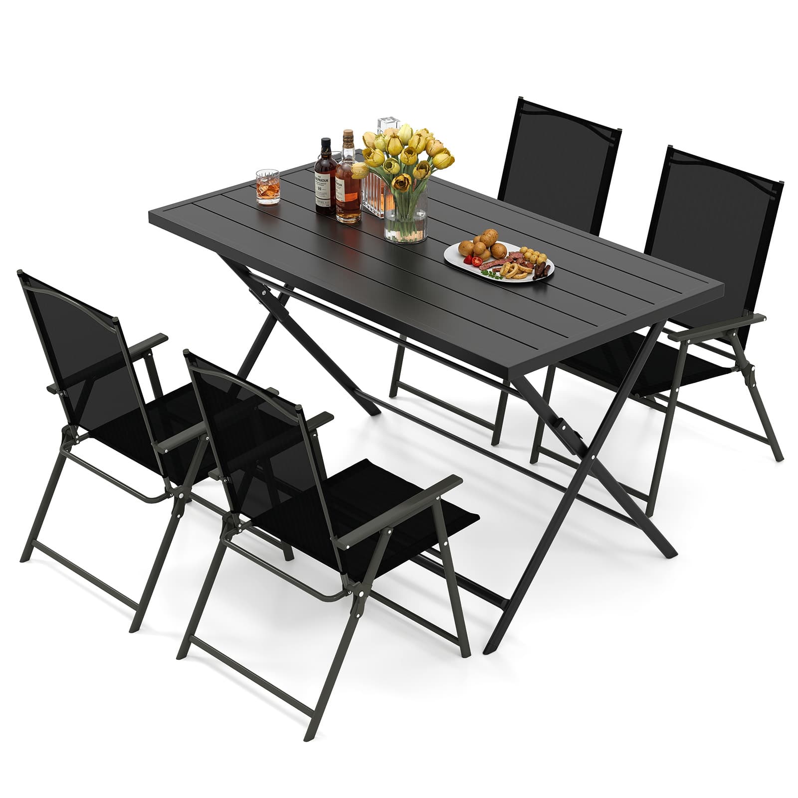 Gymax - Set of 5 Foldable Outdoor Dining SetLarge Rectangular Metal Table 4 Mesh Armchairs - Black