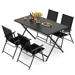 Gymax - Set of 5 Foldable Outdoor Dining SetLarge Rectangular Metal Table 4 Mesh Armchairs - Black