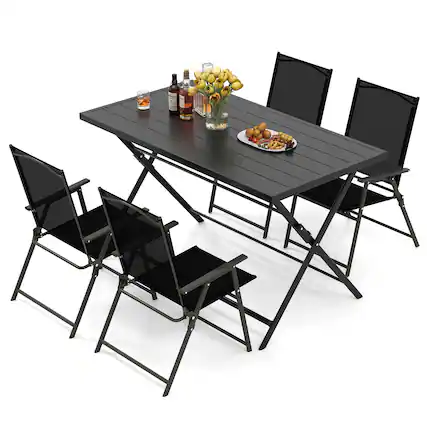 Front. Gymax - Gymax Set of 5 Foldable Outdoor Dining SetLarge Rectangular Metal Table 4 Mesh Armchairs - Black.