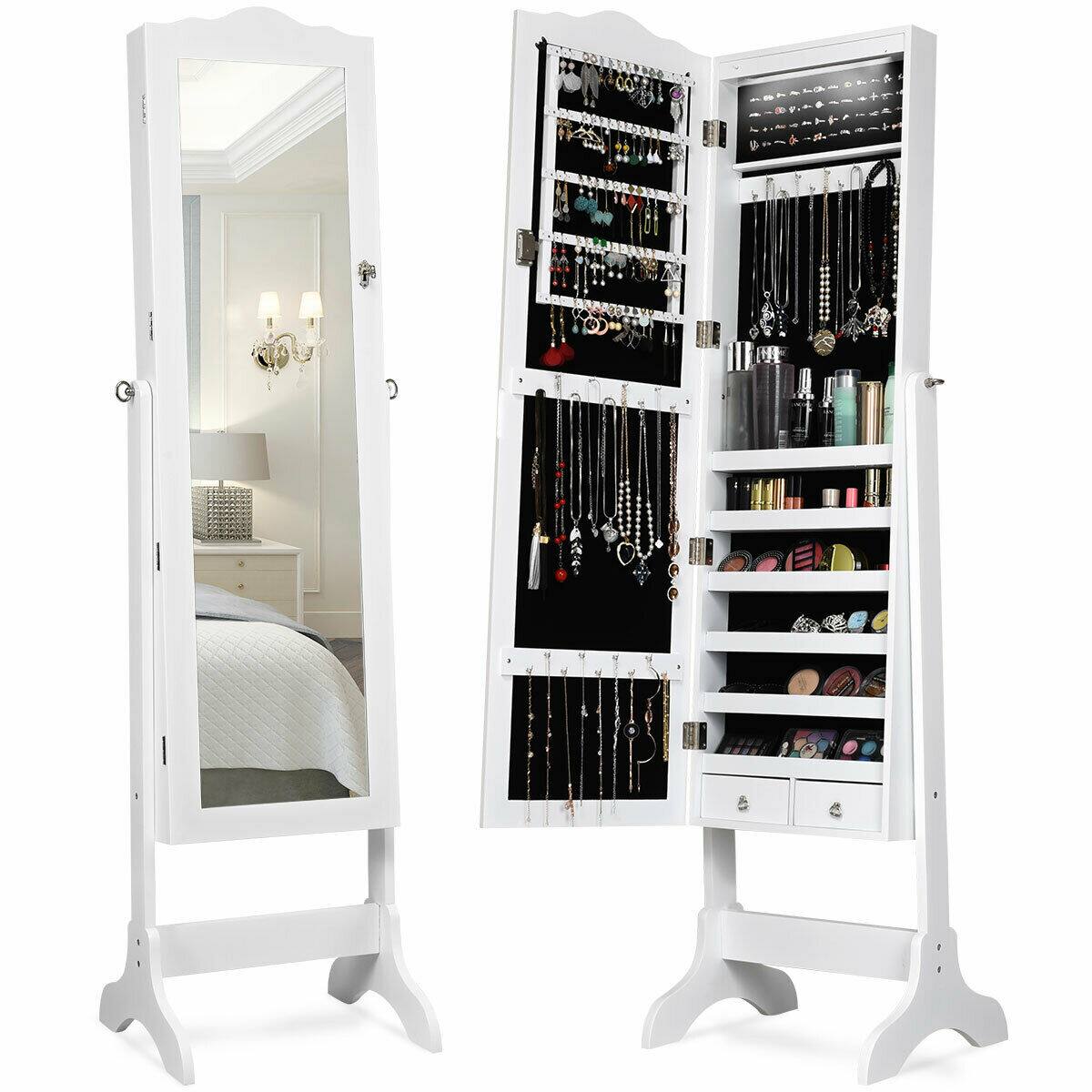 Front. Gymax - Gymax Mirrored Jewelry Cabinet Armoire Storage Organizer w/Drawer & Led Lights White - Brown.