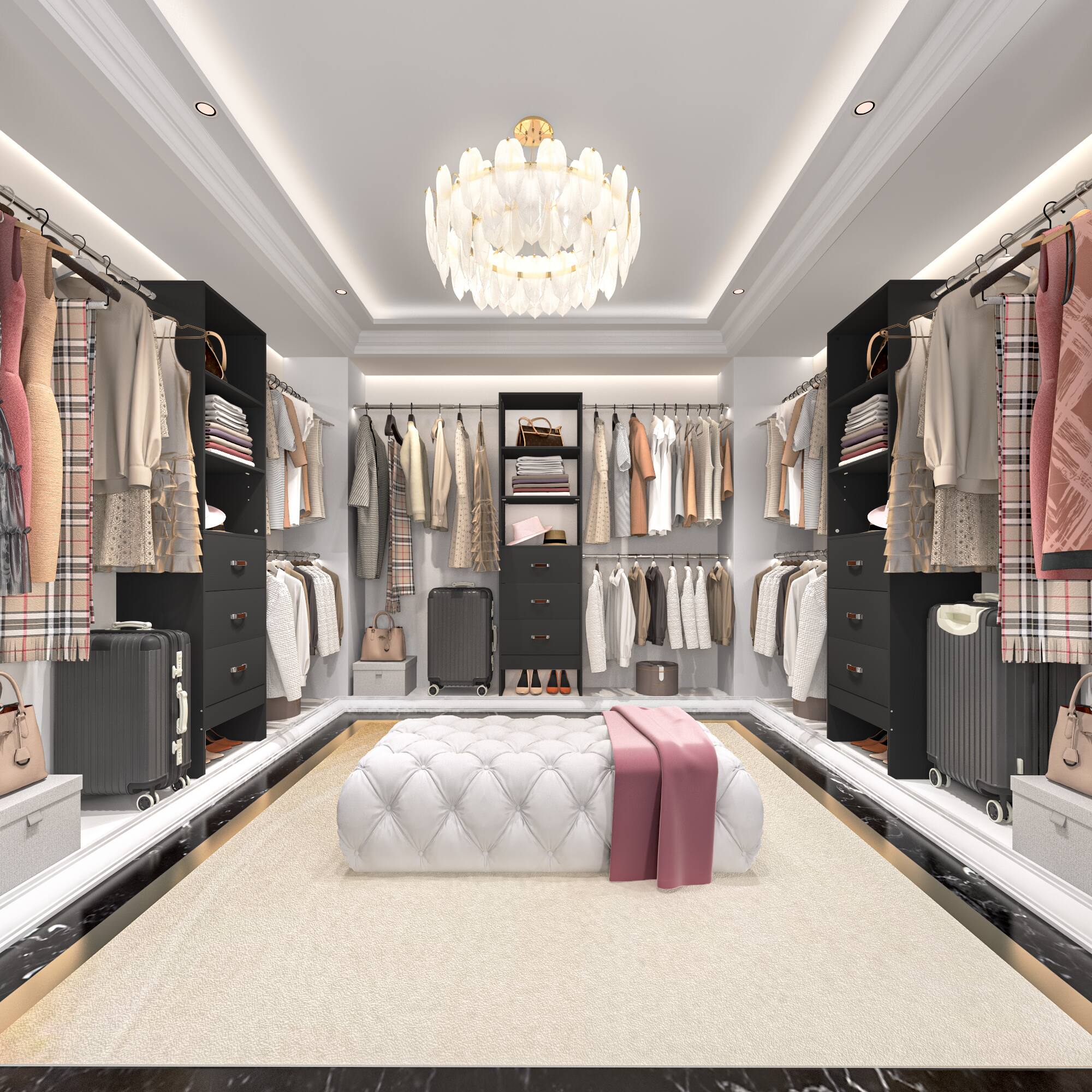 Angle. Aheaplus - 96-inch Closet System: 3 Hanging Rods & 3 Wooden Drawers, Adjustable for 5-8FT Walk-in Wardrobe - Black.