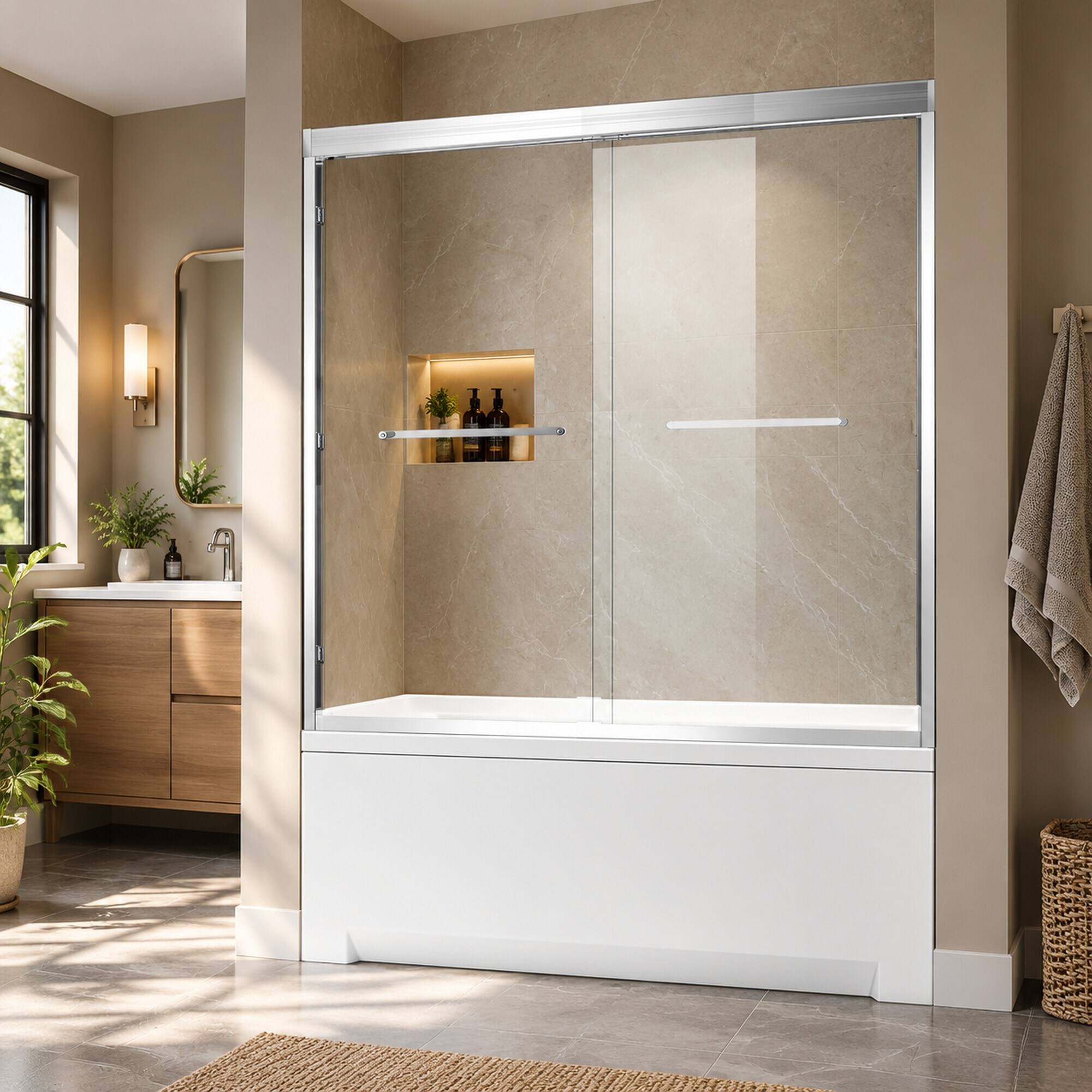 Alt View 3. RYHNUYNE - 56-60" W X 60" H Double Sliding Tub Shower Door With 1/4" Tempered Clear Glass, Chrome Aluminum Frame - Chrome.