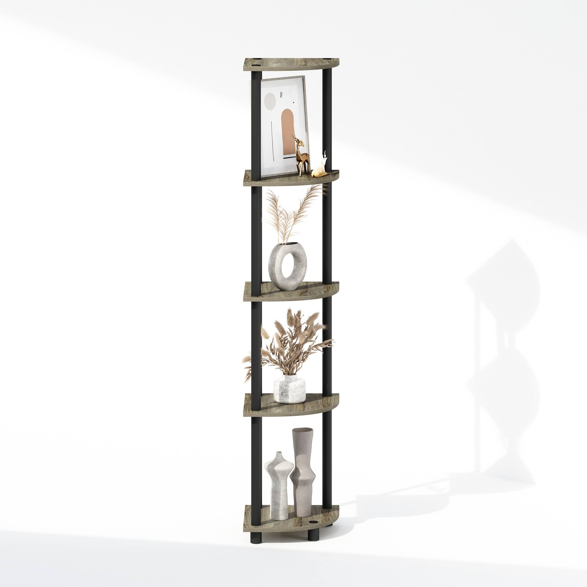 Alt View 4. Furinno - TURN-N-TUBE 5-Tier Shelving Unit, Corner Shelf, Corner Display Rack, for Organization and Storage - Grey Oak/Black.