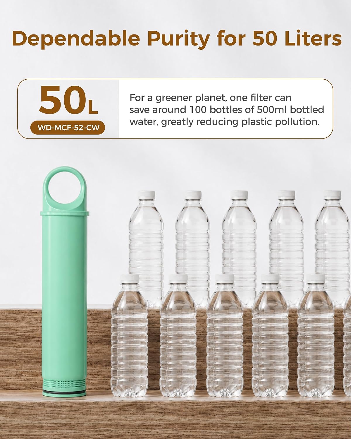 Dependable Purity for 50 Liters  
50L WD-MCF-52-CW  
For a greener planet, one filter can save around 100 bottles of 500ml bottled water, greatly reducing plastic pollution.