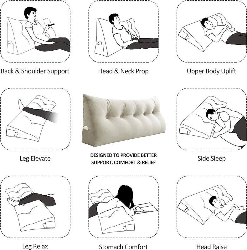 Here is the corrected and grouped text based on the image:

1. **Back & Shoulder Support**
2. **Head & Neck Prop**
3. **Upper Body Uplift**
4. **Leg Elevate**
5. **Side Sleep**
6. **Leg Relax**
7. **Stomach Comfort**
8. **Head Raise**

**Designed to provide better support, comfort & relief.**