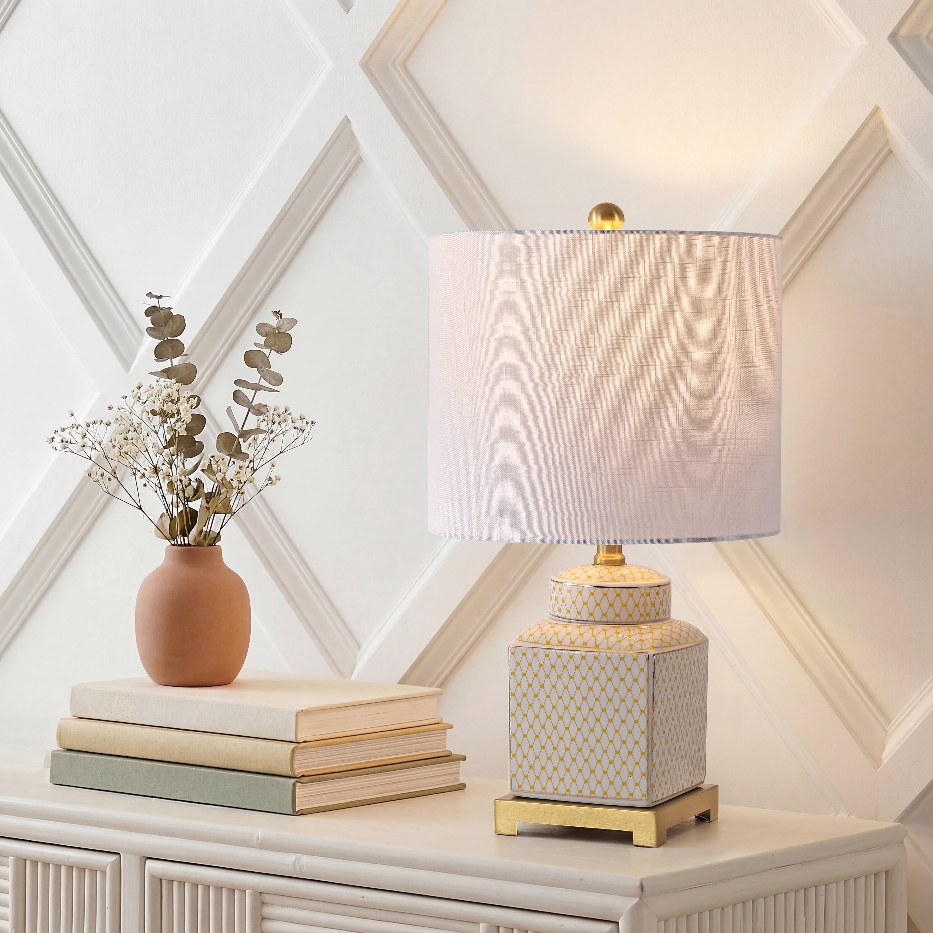 Alt View 1. Jonathan Y - Cleo Transitional 21.5" Yellow and White Square Ceramic Table Lamp with Glam Brass Gold Base for Living Room - White/Yellow.