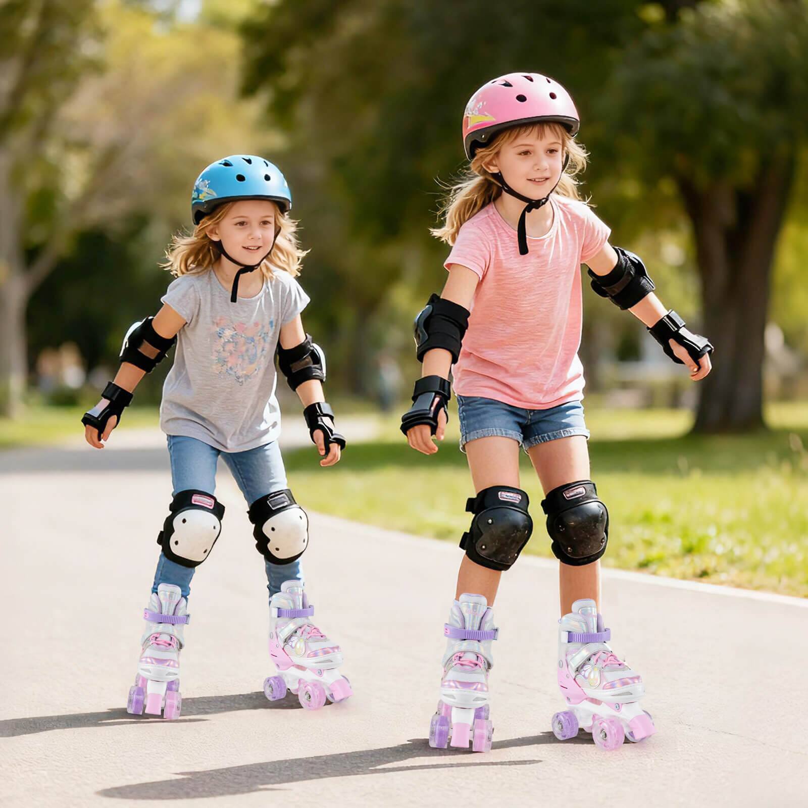 Alt View 1. Costway - Costway 4 Sizes Adjustable Quad Skates with Light-up Wheels Safety Protection for Ages 8-13 - Pink.