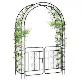Gymax - 84'' No Dig Arch Trellis Heavy-duty Metal Garden Arbor w/ Lockable Gate - Black