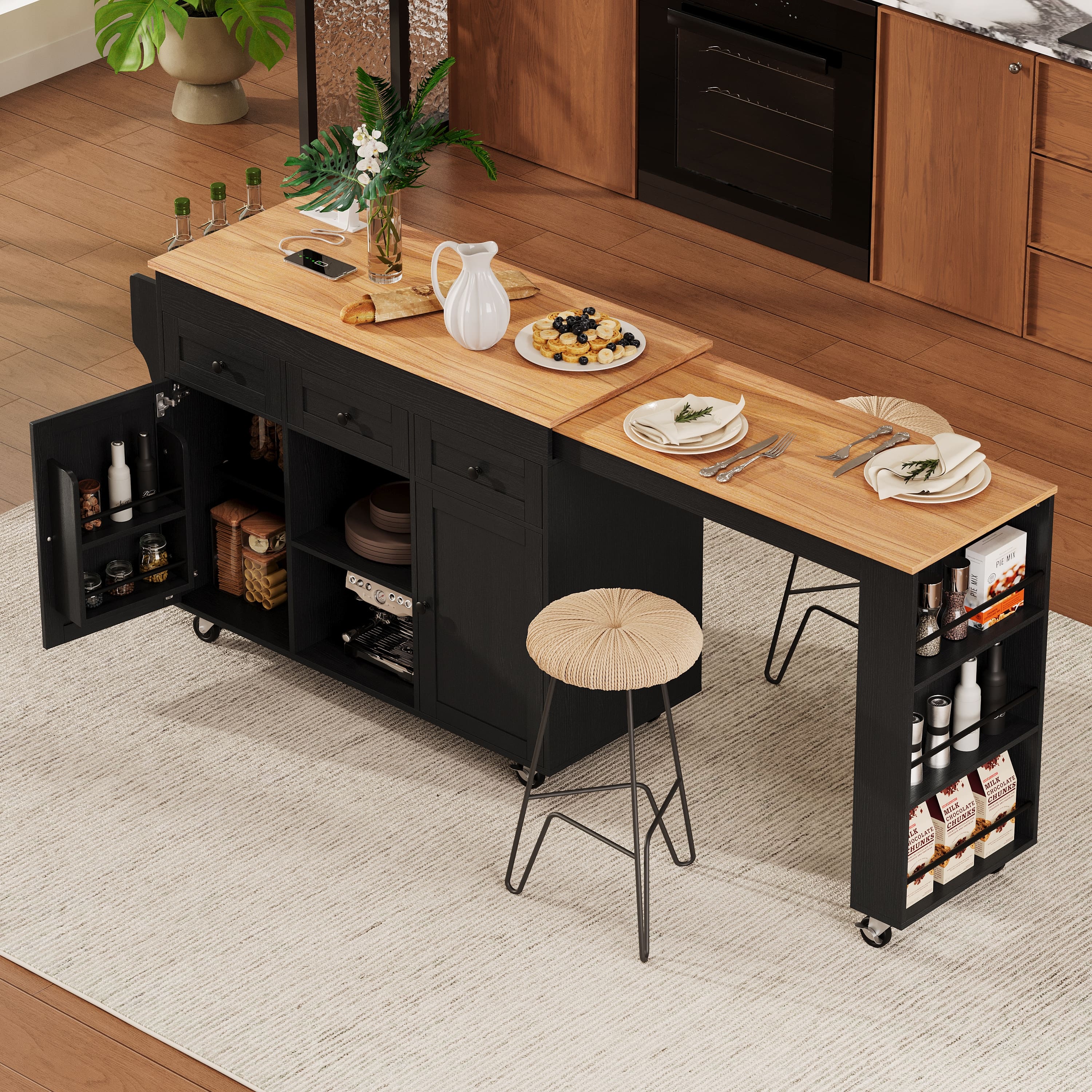 Bestier - 85.5-Inch Rolling Kitchen Island with Extendable Dining Table, Power Outlet, 3 Drawers, 2 Doors and Side Open Shelves - Black