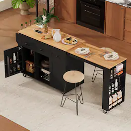 Bestier - 85.5-Inch Rolling Kitchen Island with Extendable Dining Table, Power Outlet, 3 Drawers, 2 Doors and Side Open Shelves - Black