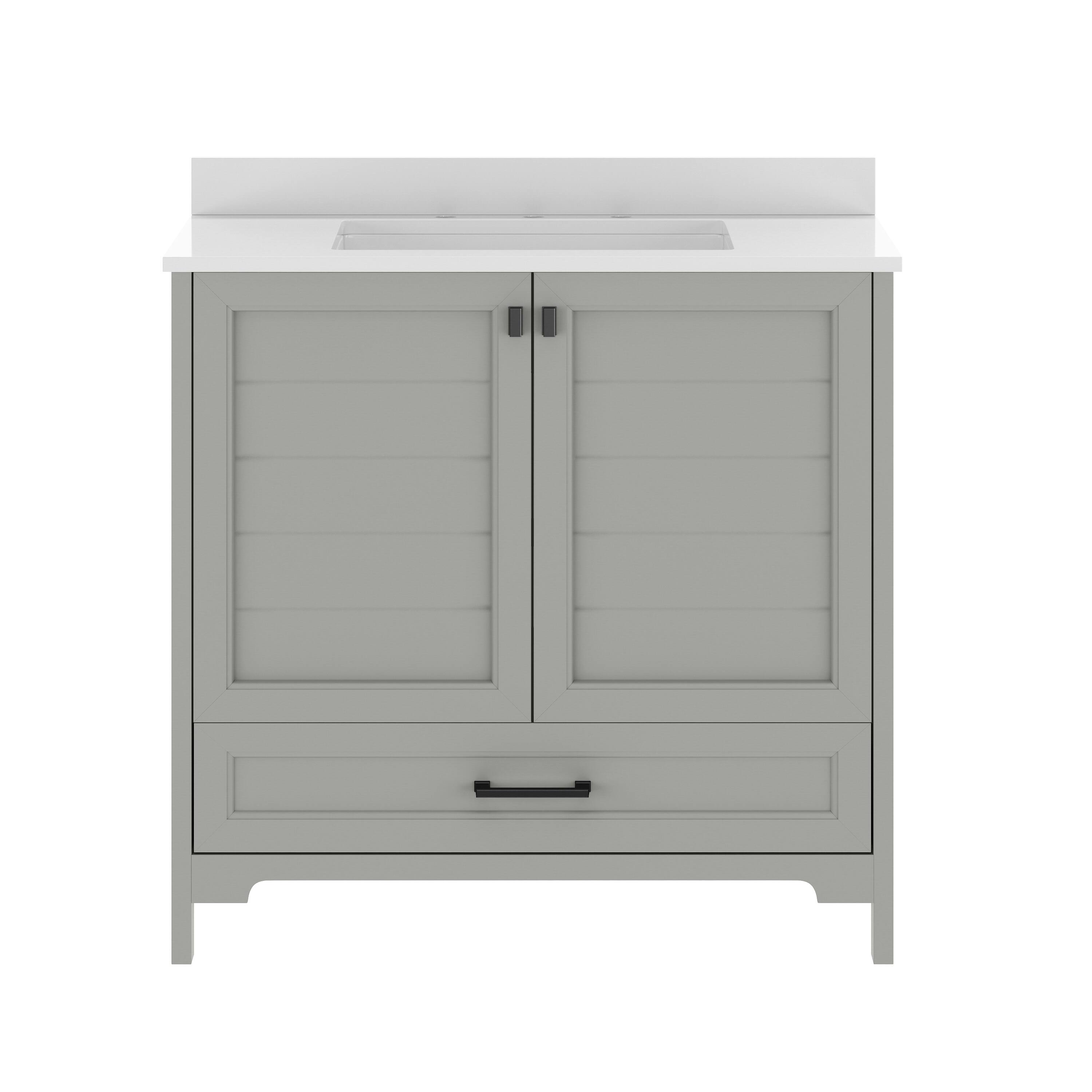 Angle. Flash Furniture - Haven 36" Bathroom Vanity with Sink, Storage Cabinet with Black Hardware, Soft Close Doors and Bottom Drawer, Carrara Ma - Gray.