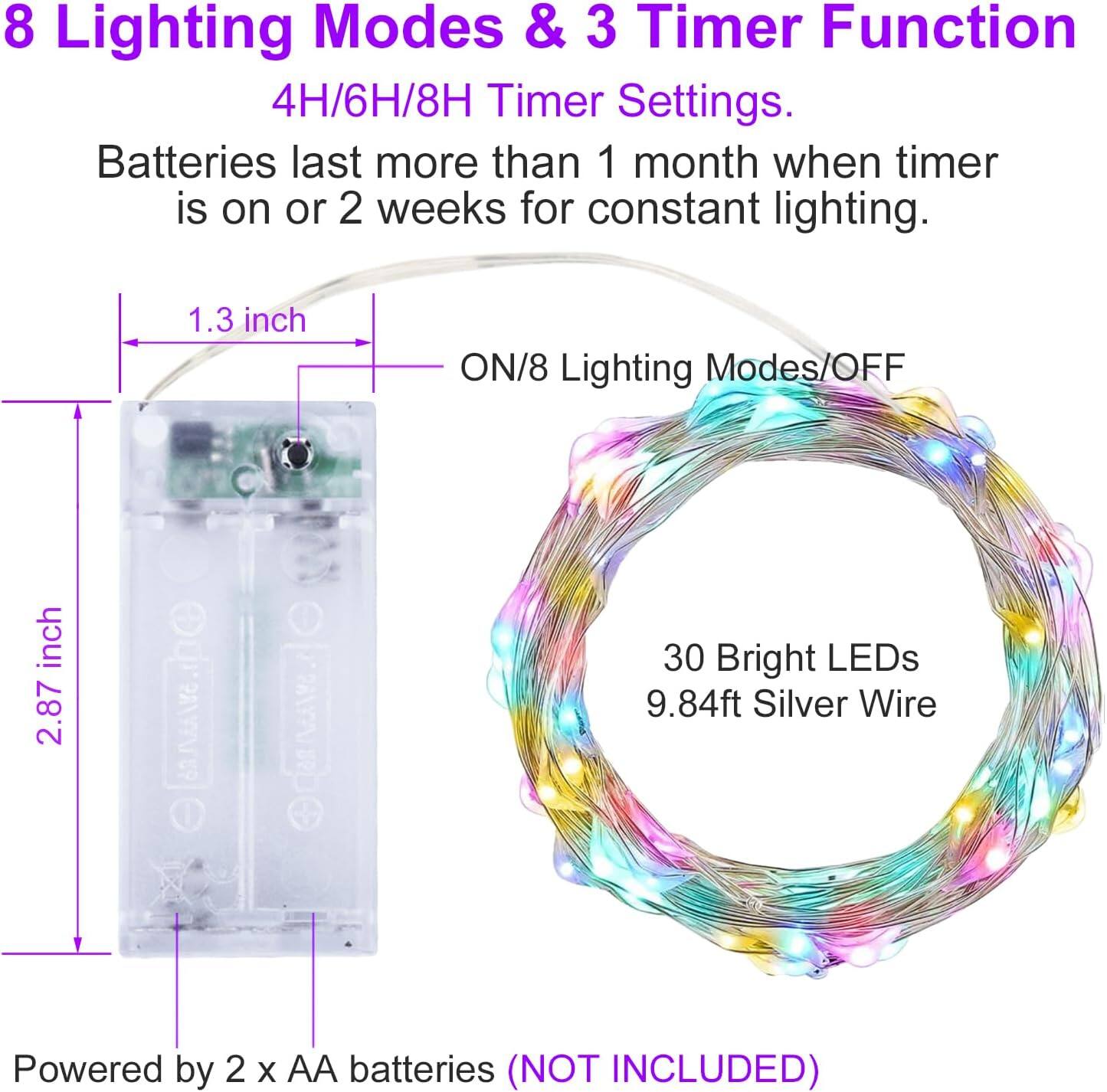 8 Lighting Modes & 3 Timer Function  
4H/6H/8H Timer Settings.  
Batteries last more than 1 month when timer is on or 2 weeks for constant lighting.  

1.3 inch  
2.87 inch  

ON/8 Lighting Modes/OFF  

30 Bright LEDs  
9.84ft Silver Wire  

Powered by 2 x AA batteries (NOT INCLUDED)