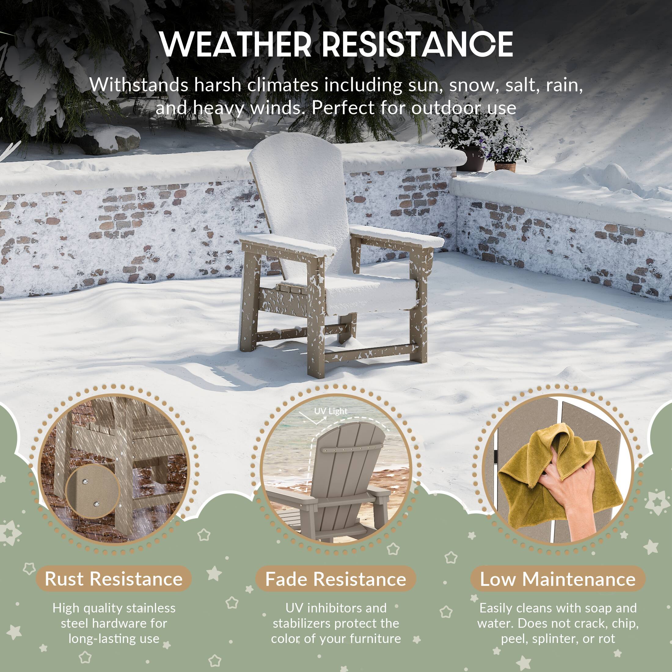 WEATHER RESISTANCE

Withstands harsh climates including sun, snow, salt, rain, and heavy winds. Perfect for outdoor use

UV Light

Rust Resistance
High quality stainless steel hardware for long-lasting use

Fade Resistance
UV inhibitors and stabilizers protect the color of your furniture

Low Maintenance
Easily cleans with soap and water. Does not crack, chip, peel, splinter, or rot