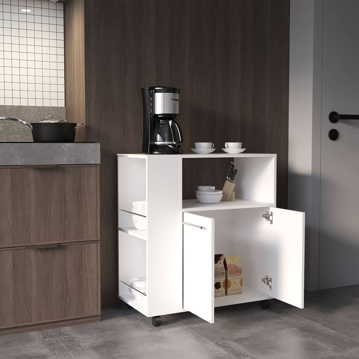 Alt View 1. Loheer - Loheer White Kitchen Base Cabinet Microwave Stand with Storage and Side Shelves - White.